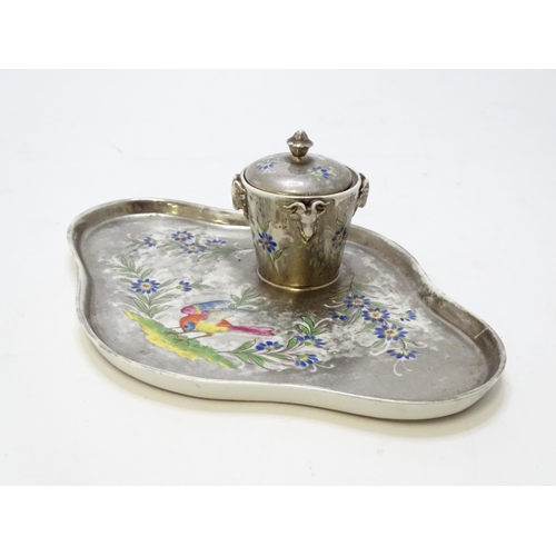 490 - A 20thC cast standish with central inkwell and hand painted bird and flower detail, the inkwell with... 