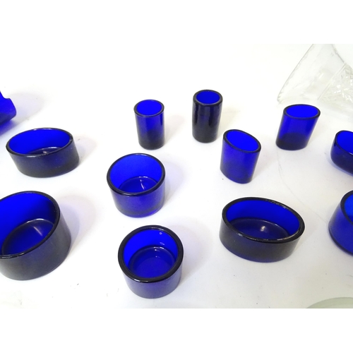 505 - A quantity of assorted blue glass liners, clear glass butter dish liners, epergne flute, etc.