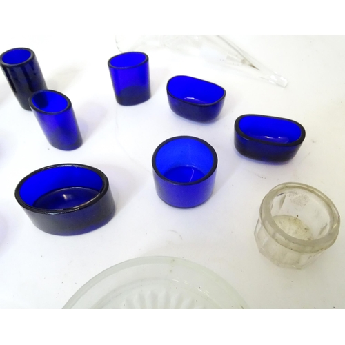 505 - A quantity of assorted blue glass liners, clear glass butter dish liners, epergne flute, etc.