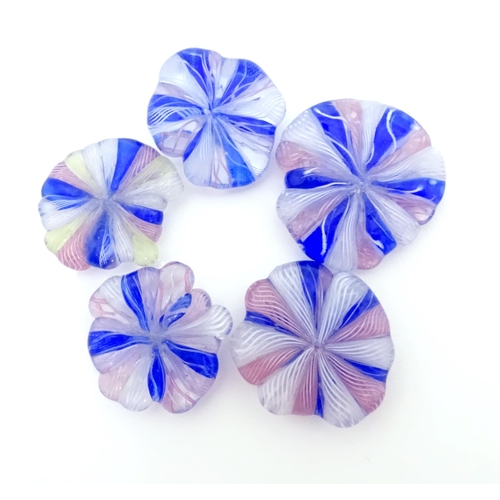 563 - Five end of day glass roundels with clear, pink, blue clear detail. Largest approx.1 1/2