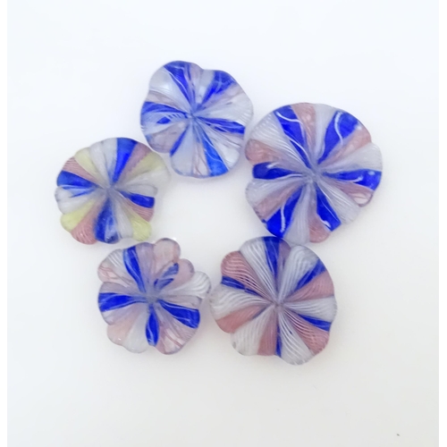 563 - Five end of day glass roundels with clear, pink, blue clear detail. Largest approx.1 1/2