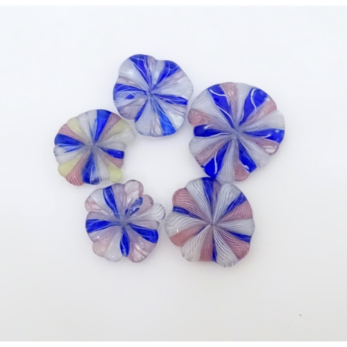 563 - Five end of day glass roundels with clear, pink, blue clear detail. Largest approx.1 1/2