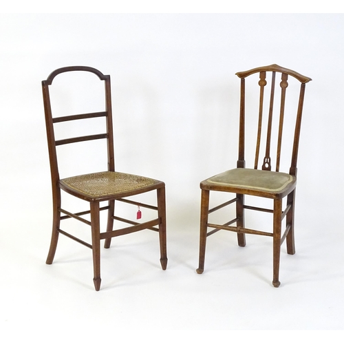 669 - Two Edwardian side chairs, one chair with Art Nouveau inlaid back splat and the other a cane seated ... 