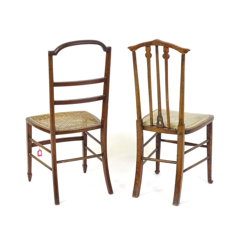 669 - Two Edwardian side chairs, one chair with Art Nouveau inlaid back splat and the other a cane seated ... 