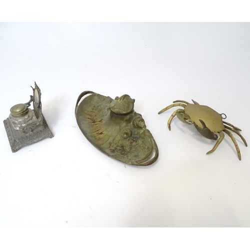 789 - Three inkwells to include a souvenir for Meldon Viaduct, and novelty example modelled as a crab. Lar... 