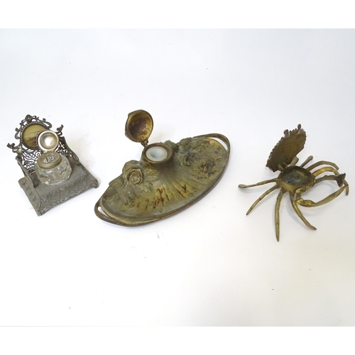 789 - Three inkwells to include a souvenir for Meldon Viaduct, and novelty example modelled as a crab. Lar... 