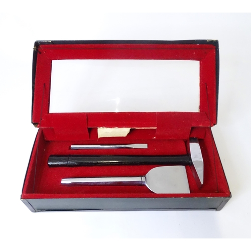 836 - A boxed presentation set of Stanley tools, comprising hammer and chisels, the largest approx 11 3/4