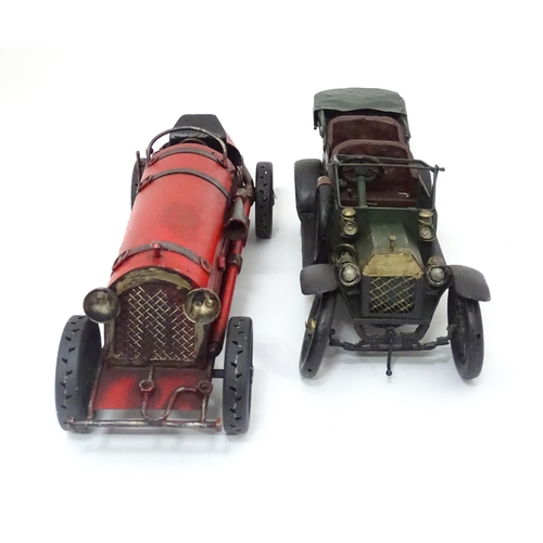 839 - Two 20thC tin plate models of cars / automobiles. Racing car approx. 15