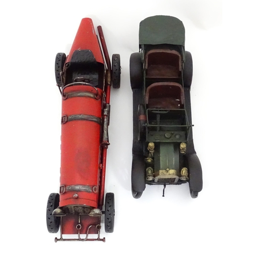 839 - Two 20thC tin plate models of cars / automobiles. Racing car approx. 15