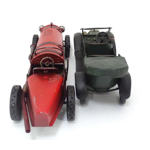 839 - Two 20thC tin plate models of cars / automobiles. Racing car approx. 15