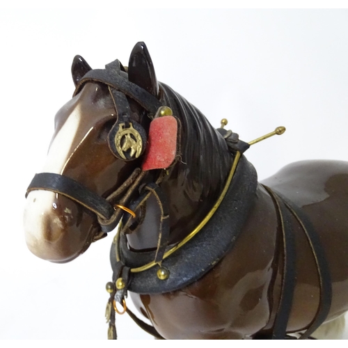 859 - A ceramic model of a dray horse with a wooden cart and barrels. Horse approx. 13 1/2