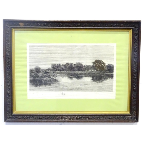 868 - An engraving depicting cows watering with farm beyond, signed in pencil under. Together with a print... 