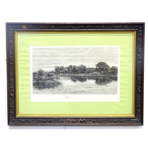 868 - An engraving depicting cows watering with farm beyond, signed in pencil under. Together with a print... 