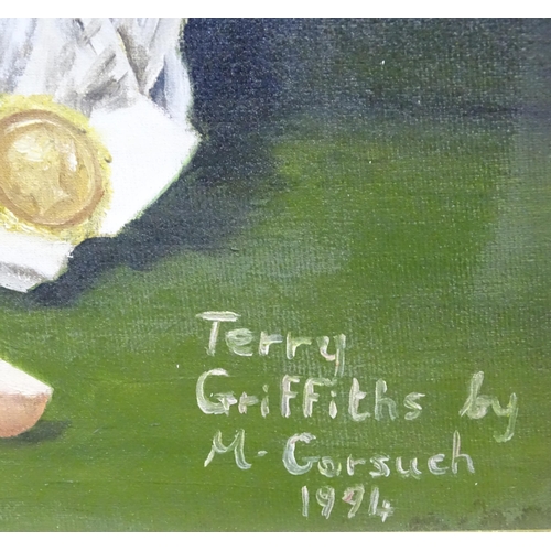 885 - M. Corsuch, 20th century, Acrylic on canvas board, Tony Griffiths World Snooker Champion 1979. Signe... 