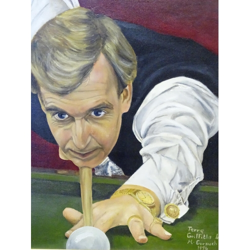 885 - M. Corsuch, 20th century, Acrylic on canvas board, Tony Griffiths World Snooker Champion 1979. Signe... 