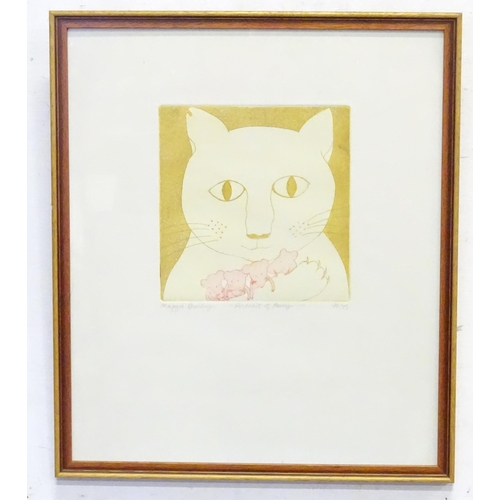 898 - A limited edition colour etching by Maggie Binley titled Portrait of Percy, depicting a cat holding ... 