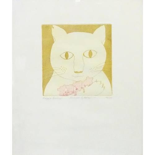 898 - A limited edition colour etching by Maggie Binley titled Portrait of Percy, depicting a cat holding ... 