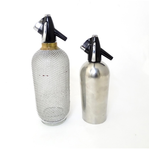 94 - Two mid to late 20thC soda siphons, the larger example with glass bottle and wire mesh cover, approx... 