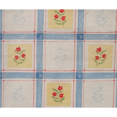 141 - A pair of curtains with floral and check detail, with matching tie backs. Together with matching bli... 