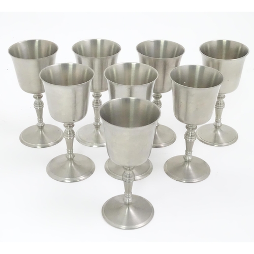 160 - Assorted items to include 8 Crown and Rose pewter goblets, 8 pewter napkin rings, a cocktail shaker ... 