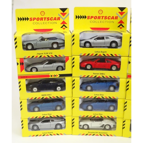 185 - Toys: A quantity of scale model die cast cars / vehicles to include examples by Shell Classic Sports... 