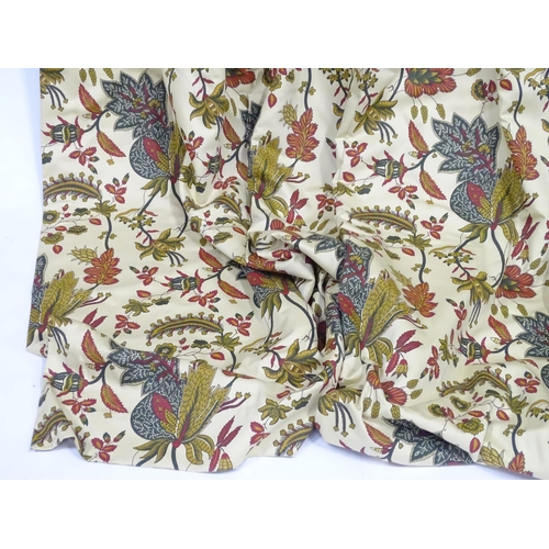 234 - Two pairs of curtains with a cream ground decorated with flowers and foliage. Together with two pelm... 