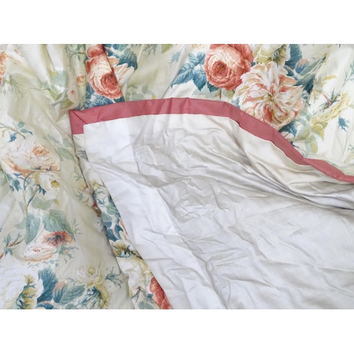 237 - A pair of curtains with a cream ground and rose decoration. Together with another pair of curtains w... 