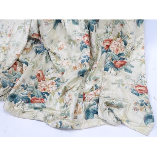 237 - A pair of curtains with a cream ground and rose decoration. Together with another pair of curtains w... 