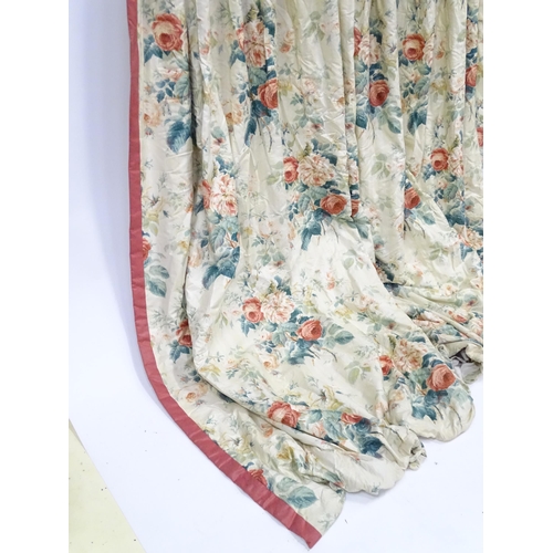 237 - A pair of curtains with a cream ground and rose decoration. Together with another pair of curtains w... 