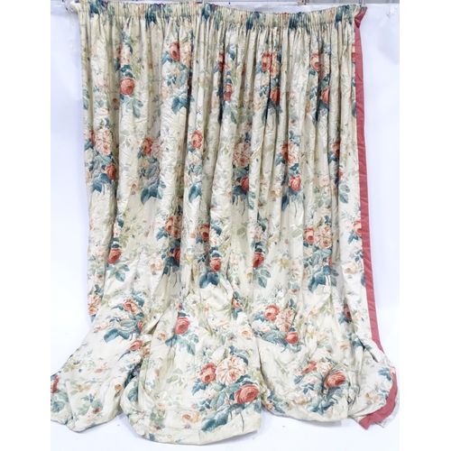 237 - A pair of curtains with a cream ground and rose decoration. Together with another pair of curtains w... 