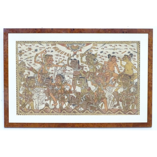 297 - An Indonesian Kamasan painting on fabric depicting a warrior scene. Approx. 18 1/4