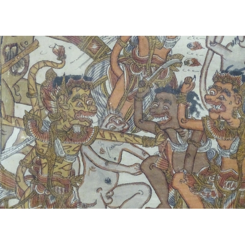 297 - An Indonesian Kamasan painting on fabric depicting a warrior scene. Approx. 18 1/4