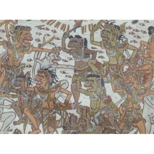 297 - An Indonesian Kamasan painting on fabric depicting a warrior scene. Approx. 18 1/4