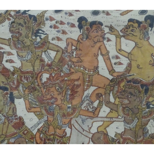 297 - An Indonesian Kamasan painting on fabric depicting a warrior scene. Approx. 18 1/4