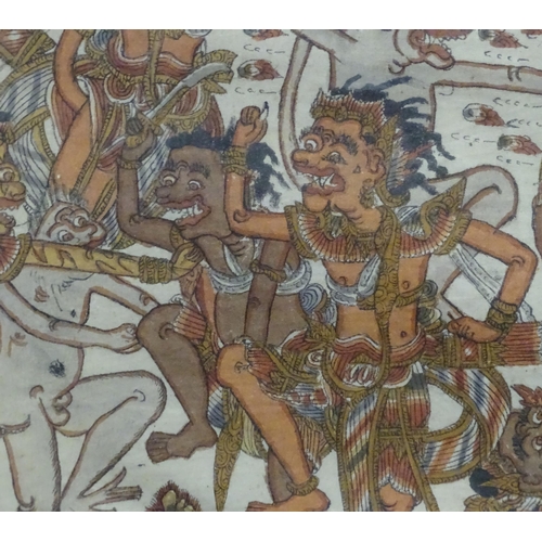 297 - An Indonesian Kamasan painting on fabric depicting a warrior scene. Approx. 18 1/4