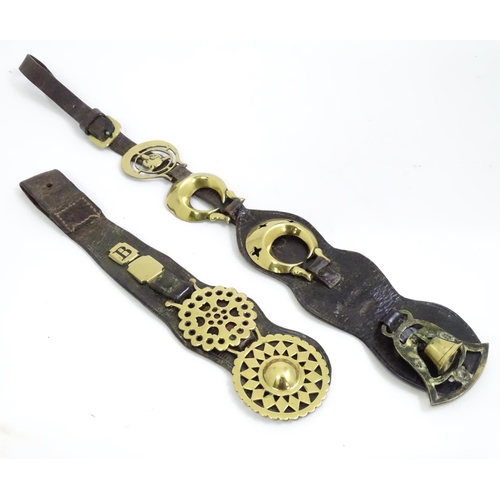 321 - Two leather straps with horse brass detail, the largest approx 14 1/2