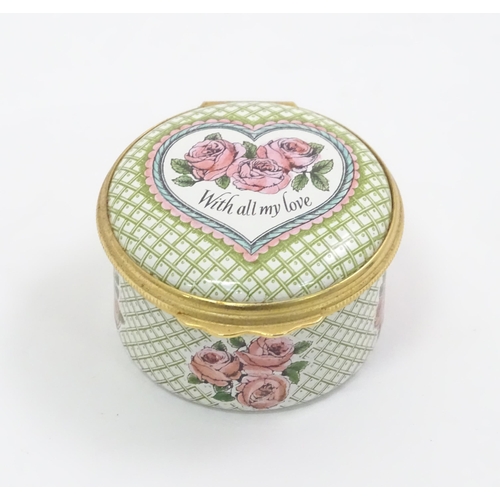 393 - A Halcyon Days enamel pill pot The 1984 St. Valentine's Day Box titled With All My Love. Boxed