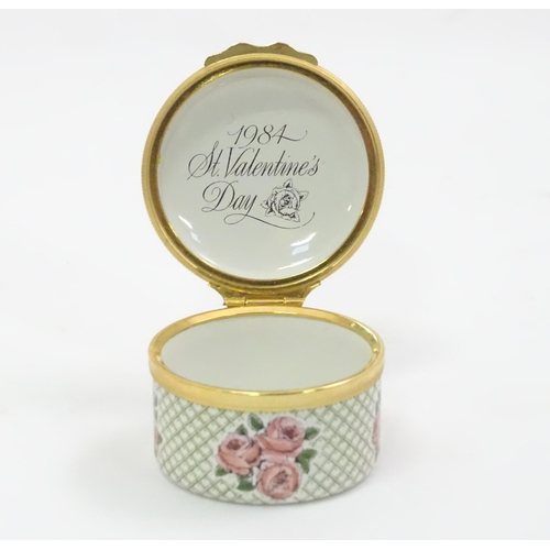 393 - A Halcyon Days enamel pill pot The 1984 St. Valentine's Day Box titled With All My Love. Boxed