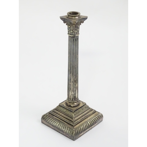 447 - A silver plate lamp base of Corinthian column form. Approx 13 1/4