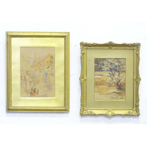 609 - Two early 20thC watercolours, one depicting a river bank, the other a lady feeding chickens, both si... 