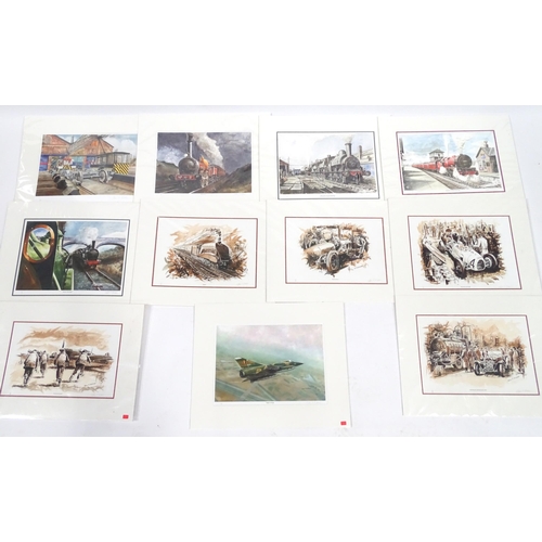 632 - Twelve limited edition signed prints after John T. Kitchen depicting trains, planes and automobiles ... 