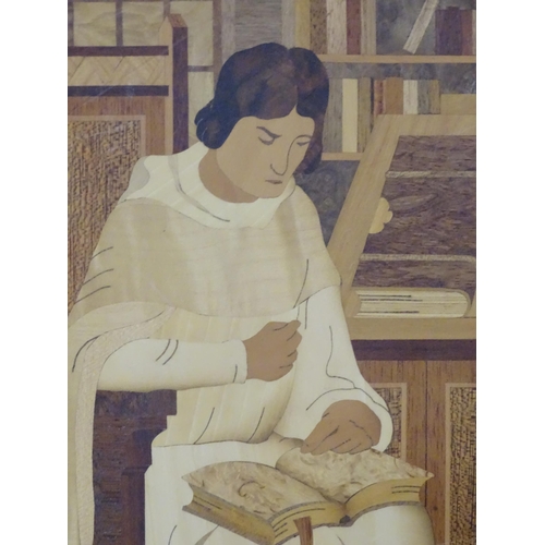 719 - A quantity of assorted items to include a marquetry picture depicting a monk studying and another de... 