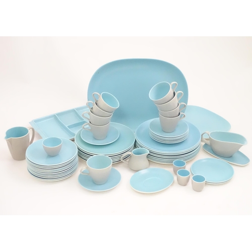 762 - A quantity of Poole Pottery twin tone blue and grey dinner wares to include plates, serving plates, ... 