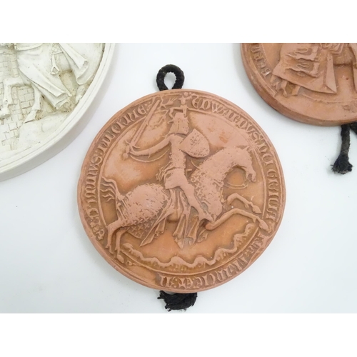 833 - Five assorted reliefs to include two plaques depicting medieval knights, two Marcus Designs relief p... 