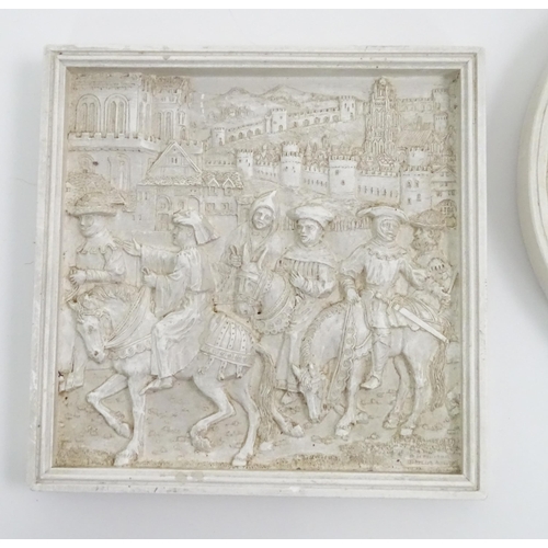 833 - Five assorted reliefs to include two plaques depicting medieval knights, two Marcus Designs relief p... 