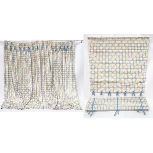 141 - A pair of curtains with floral and check detail, with matching tie backs. Together with matching bli... 