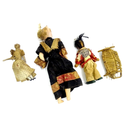 114 - Three assorted dolls to include a wooden example with painted features, one with a composite head an... 