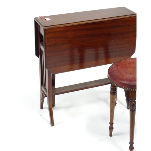 585 - An early 20thC mahogany drop flap / Sutherland table with canted corners, together with a 19thC leat... 