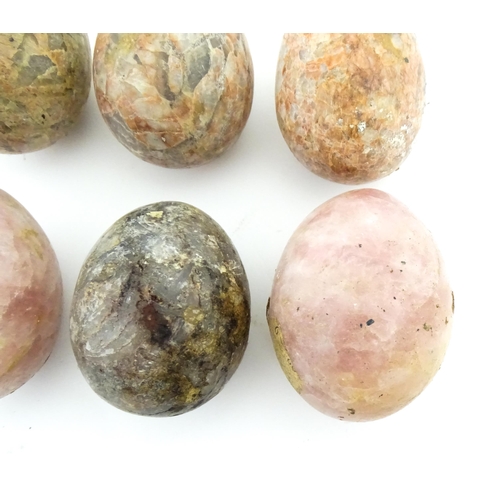 437 - Six assorted polished hardstone specimen eggs / hand warmers. Approx. 2 1/4