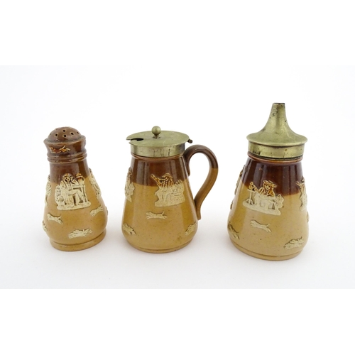 129 - A Royal Doulton two tone stoneware three piece cruet set comprising salt, pepper and mustard, decora... 